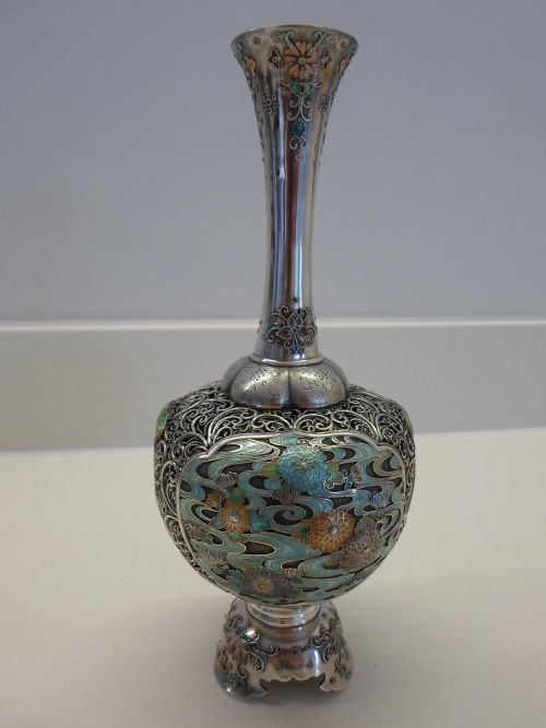 Wonderful Quality Japanese Silver and Enamel Vase Signed "Gyokumin