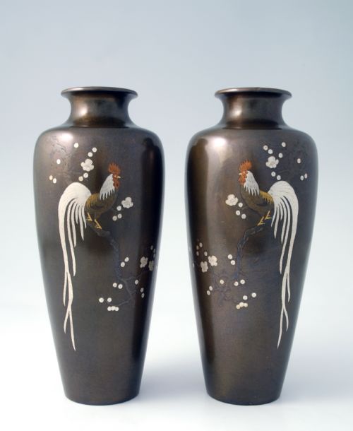 Pair of Japanese Bronze Mixed Metal Vases Meiji