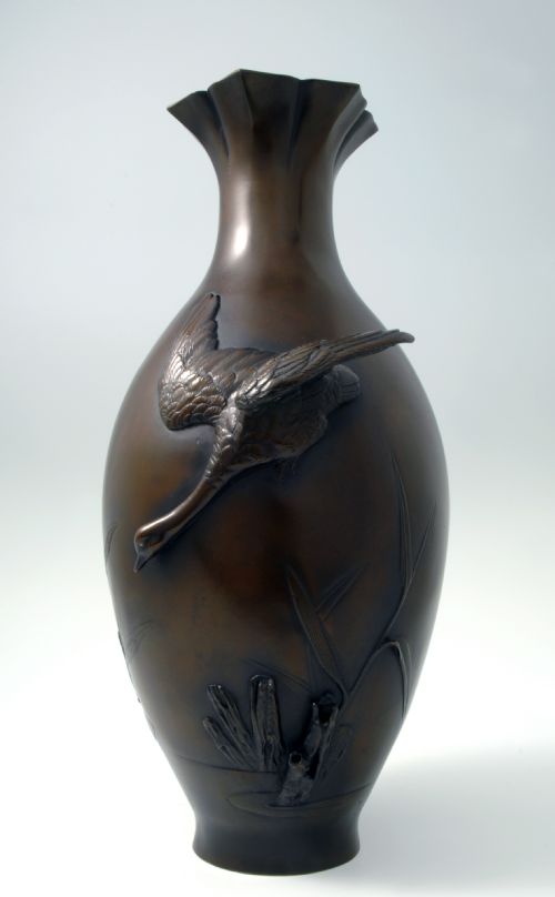 Large Japanese Bronze Flying Goose Vase Signed