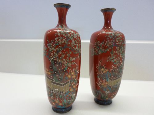 A Good Pair of Silver Wire Cloisonne Vases Meiji Period