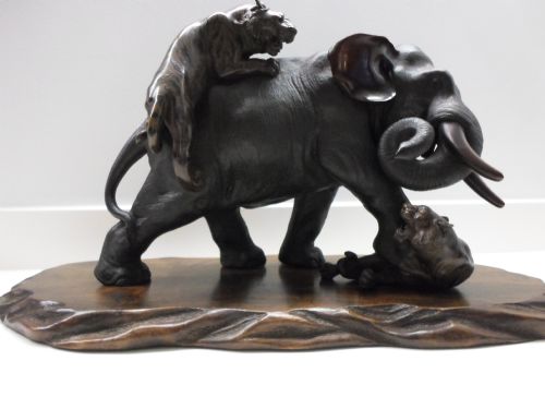 fig 1. A LARGE JAPANESE BRONZE ELEPHANT AND TIGER GROUP BY SEIYA