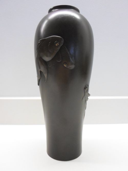 Large Japanese Bronze Fighting Fish Vase by Chikatoshi