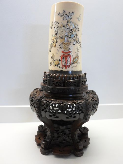 Stunning Large Japanese Shibayama Ivory Tusk Vase on Stand