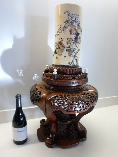 Stunning Huge Japanese Shibayama Ivory Tusk Vase on Stand