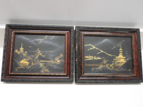 Pair of Framed Japanese Komai Style Wall Plaques