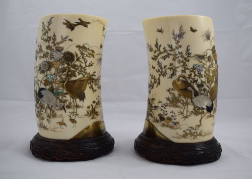 Superb Pair of Japanese Ivory Gold Lacquer & Shibayama Tusk Vases