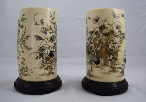 fig 1. SUPERB PAIR OF JAPANESE IVORY GOLD LACQUER & SHIBAYAMA TUSK VASES