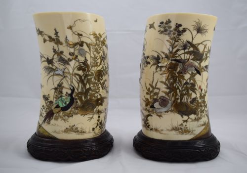 fig 2. SUPERB PAIR OF JAPANESE IVORY GOLD LACQUER & SHIBAYAMA TUSK VASES