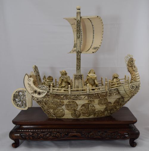 fig 1. LARGE JAPANESE IVORY TAKARABUNE (LUCKY GODS- TREASURE SHIP)MEIJI PERIOD