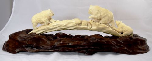 fig 1. RARE LARGE JAPANESE IVORY TUSK BRIDGE OF BEARS MEIJI
