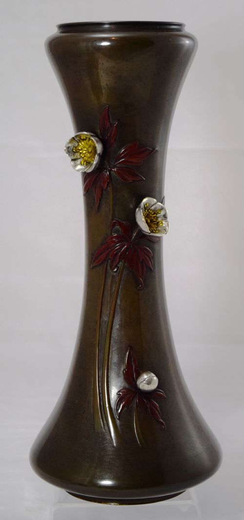 Stylish Japanese Bronze Mixed Metal Onlaid Vase