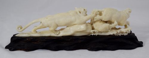 fig 1. FINE QUALITY JAPANESE IVORY OKIMONO LIONESS AND HIPPO'S