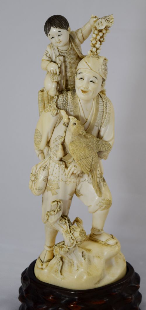 Large Japanese Ivory Okimono on Stand Father Son and Cockatiel