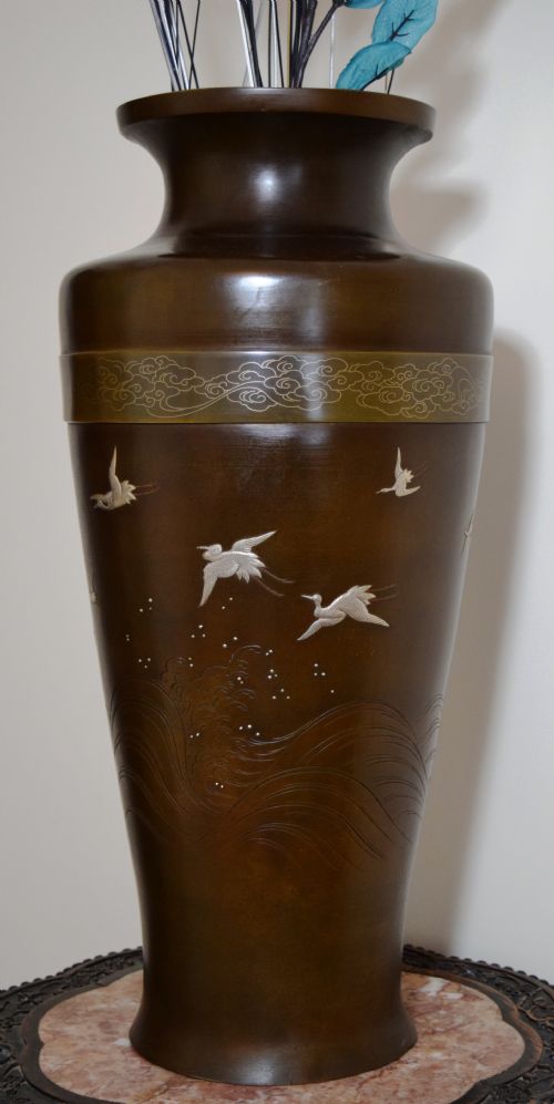 Large Japanese Bronze Onlaid Flying Crane Vase