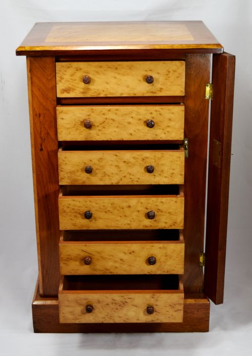 fig 1. MINIATURE WALNUT AND BIRDS EYE MAPLE WELLINGTON CHEST COLLECTORS CABINET