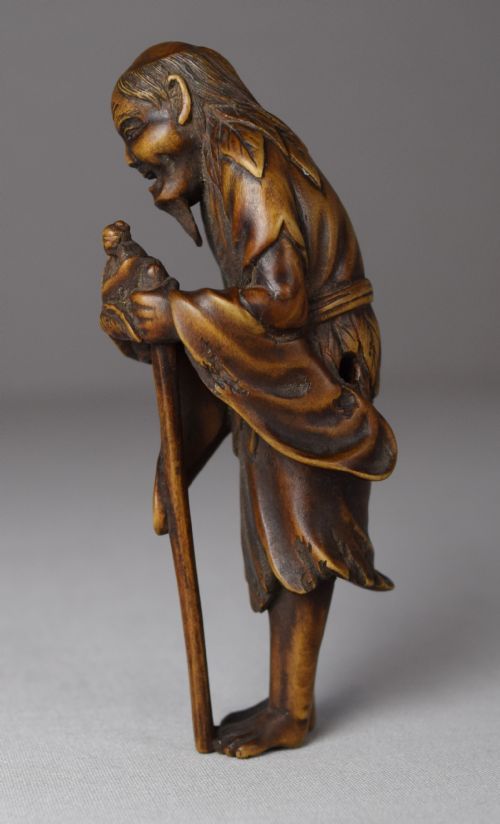 JAPANESE WOODEN NETSUKE OF TOBOSAKU PEACH SENNIN - ADDITIONAL PHOTO 1