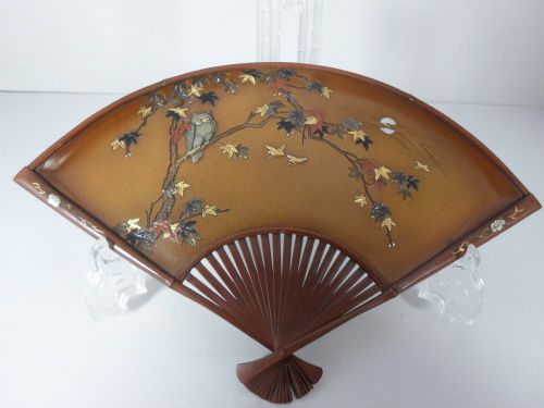 Fine Quality Japanese Mixed Metal Owl Fan Dish by Nogawa