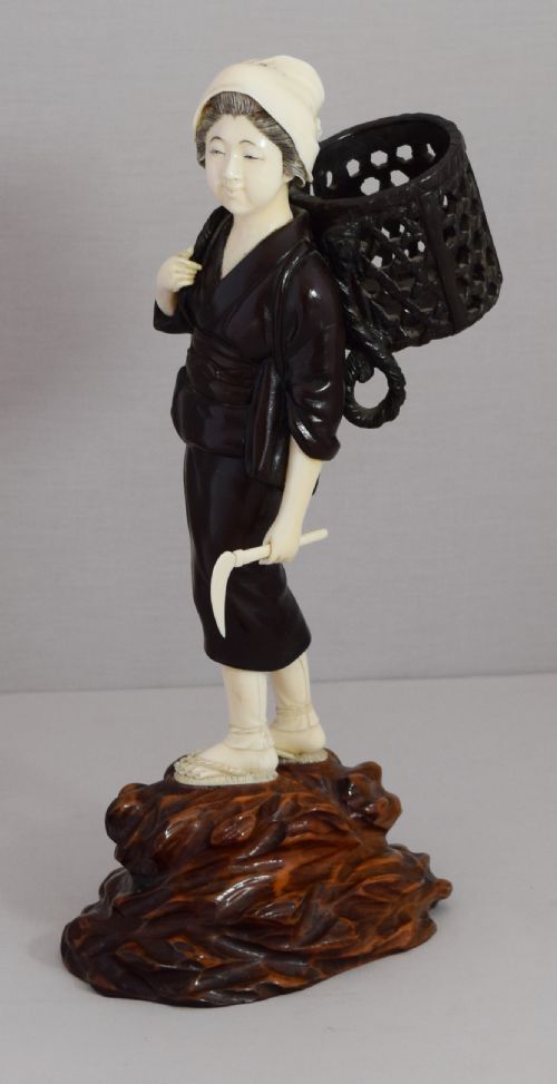 japanese bronze and ivory okimono female harvester - CATEGORY: ANTIQUE MISCELLANEOUS - DATED 1900
