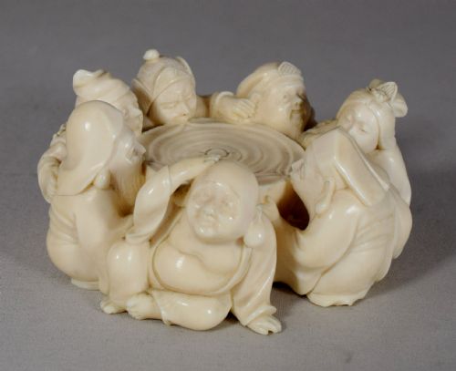 fine quality humerous japanese ivory lucky gods okimono - CATEGORY: ANTIQUE MISCELLANEOUS - DATED 1900
