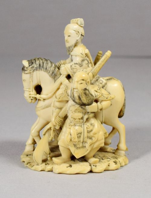 japanese ivory of a nobleman on horseback with samurai - CATEGORY: ANTIQUE MISCELLANEOUS - DATED 1900