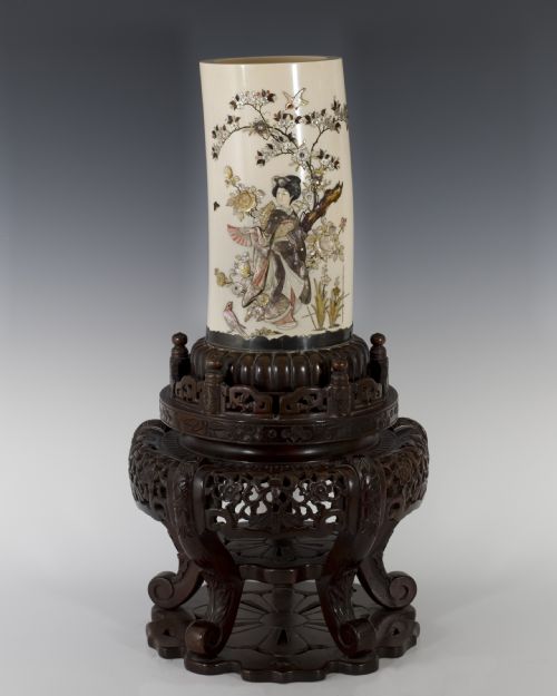 a large japanese shibayama tusk vase on stand - CATEGORY: ANTIQUE MISCELLANEOUS - DATED 1900