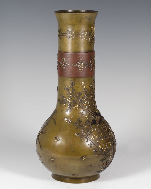 HIGHLY DECORATIVE JAPANESE ONLAID MIXED METAL VASE - ADDITIONAL PHOTO 1