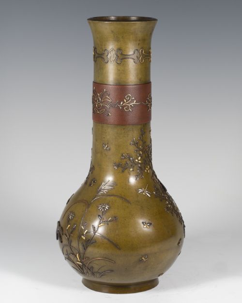 HIGHLY DECORATIVE JAPANESE ONLAID MIXED METAL VASE - ADDITIONAL PHOTO 2