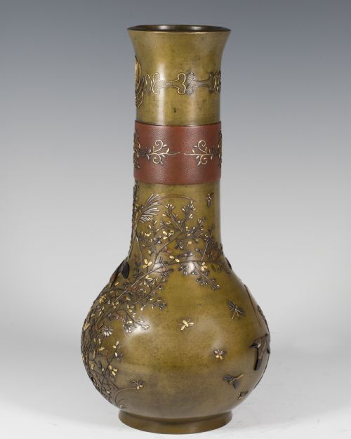 HIGHLY DECORATIVE JAPANESE ONLAID MIXED METAL VASE - ADDITIONAL PHOTO 4