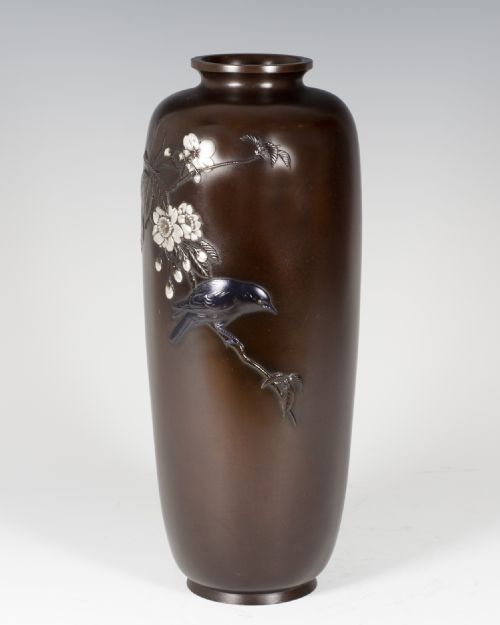 NICE QUALITY JAPANESE BRONZE AND MIXED METAL BIRD VASE - ADDITIONAL PHOTO 4