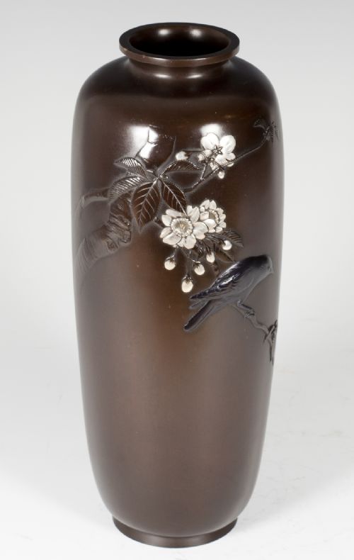 NICE QUALITY JAPANESE BRONZE AND MIXED METAL BIRD VASE - ADDITIONAL PHOTO 5