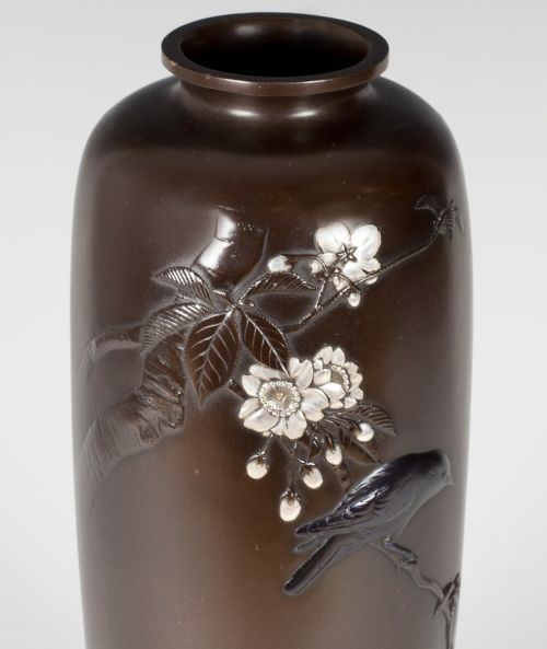NICE QUALITY JAPANESE BRONZE AND MIXED METAL BIRD VASE - ADDITIONAL PHOTO 8