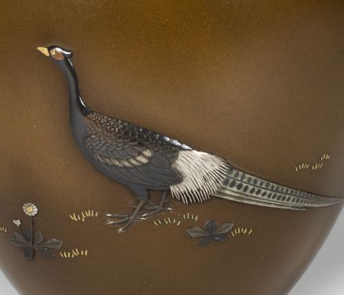 HEAVY QUALITY JAPANESE BRONZE PHEASANT VASE BY NOGAWA - ADDITIONAL PHOTO 4