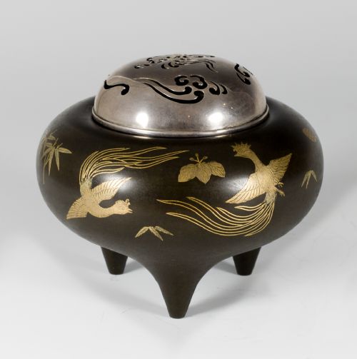 japanese shibuichi gold inlaid koro with silver lid - CATEGORY: ANTIQUE MISCELLANEOUS - DATED 1890