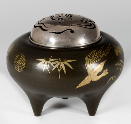 JAPANESE SHIBUICHI GOLD INLAID KORO WITH SILVER LID - ADDITIONAL PHOTO 1