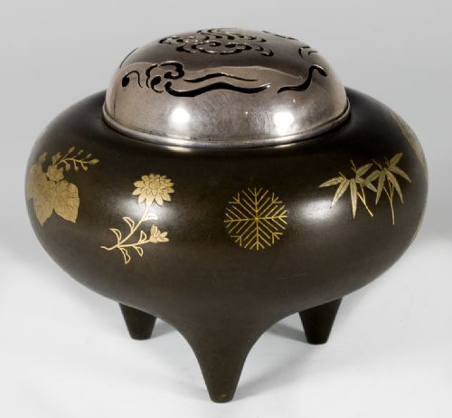 JAPANESE SHIBUICHI GOLD INLAID KORO WITH SILVER LID - ADDITIONAL PHOTO 2