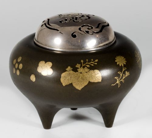 JAPANESE SHIBUICHI GOLD INLAID KORO WITH SILVER LID - ADDITIONAL PHOTO 3