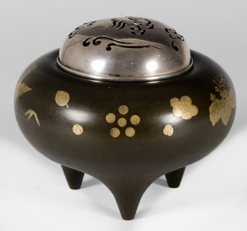 JAPANESE SHIBUICHI GOLD INLAID KORO WITH SILVER LID - ADDITIONAL PHOTO 4
