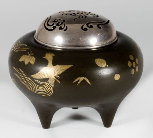 JAPANESE SHIBUICHI GOLD INLAID KORO WITH SILVER LID - ADDITIONAL PHOTO 5
