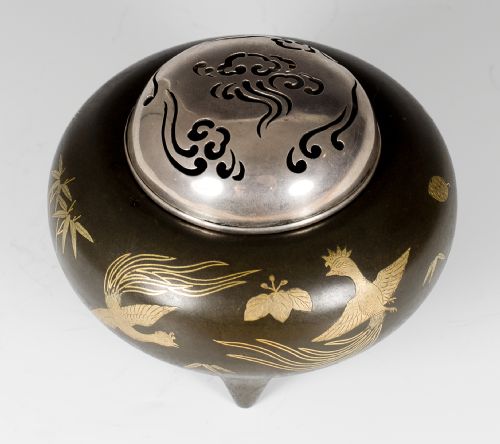 JAPANESE SHIBUICHI GOLD INLAID KORO WITH SILVER LID - ADDITIONAL PHOTO 6