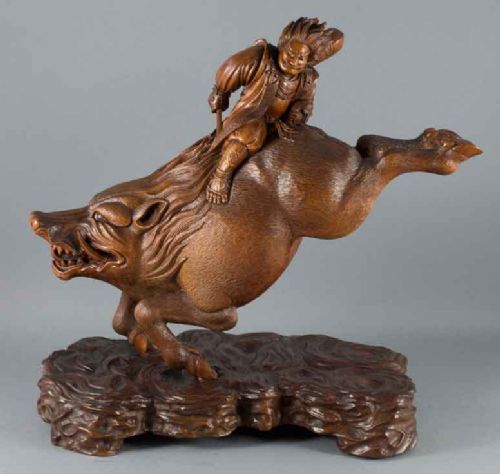 wonderful japanese carved wood okimono of nitta no shiro - CATEGORY: ANTIQUE SCULPTURES - DATED 1890