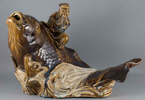 large japanese studio pottery okimono ebisu riding a carp - CATEGORY: ANTIQUE MISCELLANEOUS - DATED 1900