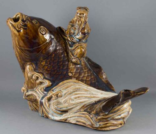 LARGE JAPANESE STUDIO POTTERY OKIMONO EBISU RIDING A CARP - ADDITIONAL PHOTO 1
