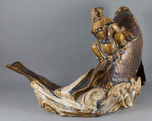LARGE JAPANESE STUDIO POTTERY OKIMONO EBISU RIDING A CARP - ADDITIONAL PHOTO 2