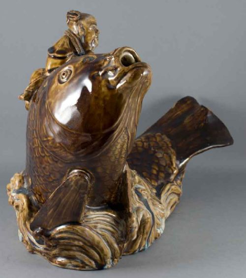 LARGE JAPANESE STUDIO POTTERY OKIMONO EBISU RIDING A CARP - ADDITIONAL PHOTO 4