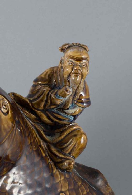 LARGE JAPANESE STUDIO POTTERY OKIMONO EBISU RIDING A CARP - ADDITIONAL PHOTO 7
