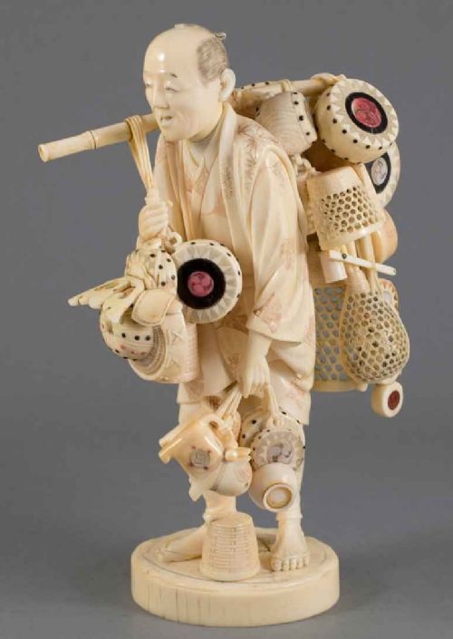 good quality japanese ivoryshibayama travelling salesman okimono - CATEGORY: ANTIQUE MISCELLANEOUS - DATED 1890
