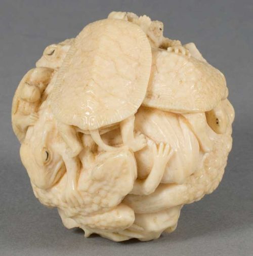 great quality humerous japanese ivory toad and terrapin okimono by ichimin - CATEGORY: ANTIQUE MISCELLANEOUS - DATED 1900