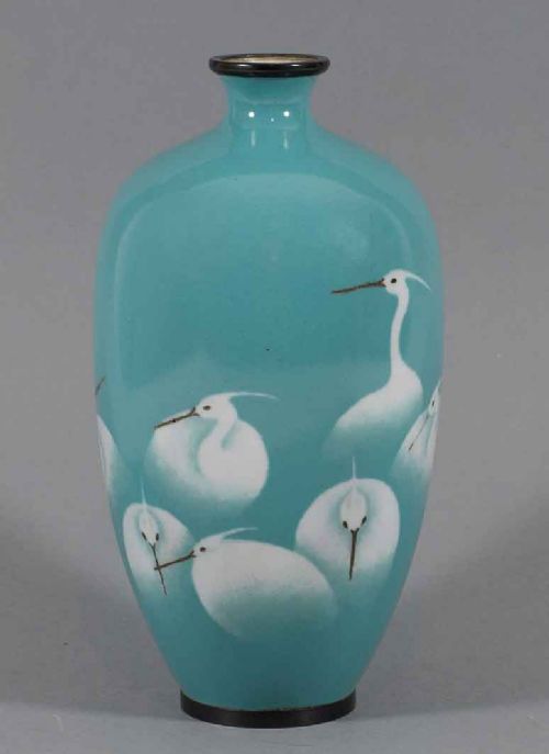 japanese musen wireless cloisonne enamel egret vase - CATEGORY: ANTIQUE VASES - DATED 1900