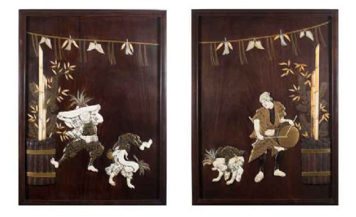 fine pair of humerous japanese shibayama and lacquer hardwood panels - CATEGORY: ANTIQUE MISCELLANEOUS - DATED 1900