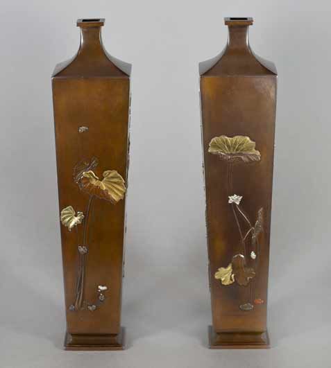 A FINE QUALITY PAIR OF JAPANESE MIXED METAL VASES BY NOGAWA - ADDITIONAL PHOTO 1